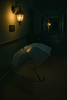 Umbrella in dark room with lamp, AI generation.