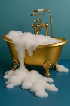 Golden bathtub with foam on blue background, AI generation.
