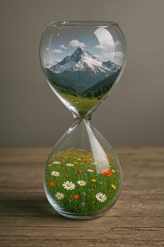 Hourglass with landscape inside, AI generation.