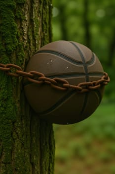 Basketball in chains on tree, AI generation.