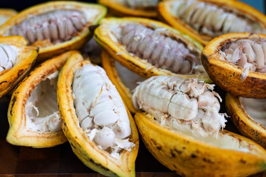 Half Cut Cocoa Fruit To Reveal The Seeds, Background for advertising and wallpaper in food and culture scene.