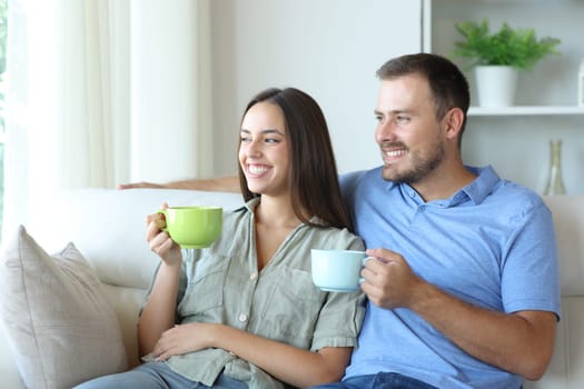 Happy couple relaxing sitting on a sofa drinking tea at home