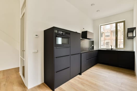 Sleek black cabinetry and minimalist design elements define this contemporary kitchen space, featuring large windows that allow natural light to fill the room.