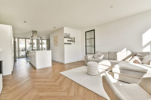 Stylish living room featuring a contemporary design, open kitchen, and ample natural light, creating a welcoming atmosphere for relaxation and entertainment.