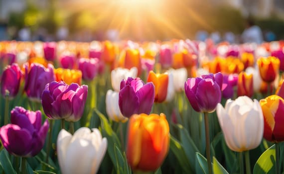 A vibrant display of colorful tulips in full bloom stretches across the field, touched by warm golden sunlight during the early evening hours of spring, inviting visitors to enjoy the beauty.
