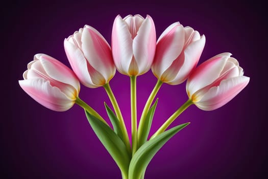 A vibrant bouquet features five elegant pink and white tulips with bright green leaves, set against a striking purple background. The flowers exude freshness and charm.