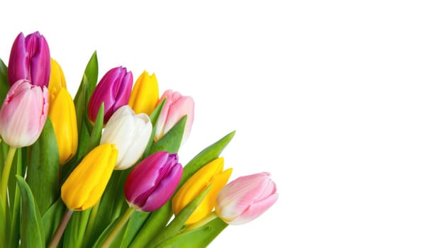 A collection of blooming tulips showcases a variety of colors including pink, lavender, white, and yellow. The flowers are elegantly arranged, perfect for spring celebrations or home decor.
