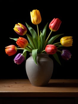 A vibrant arrangement of tulips in various colors fills a simple vase placed on a wooden table. The flowers stand out against a dark background, creating a striking visual contrast.