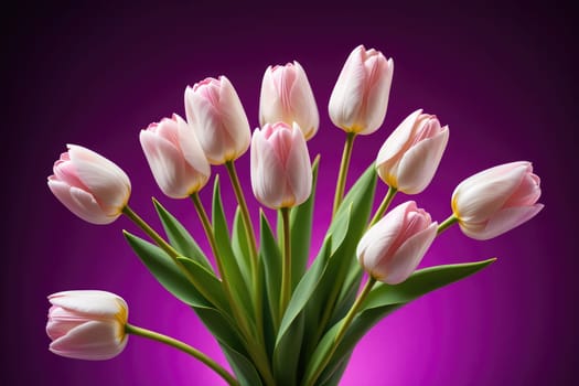 A bouquet of delicate pink tulips with vibrant green leaves stands upright against a striking purple backdrop, creating a visually captivating arrangement perfect for decoration or gifting.