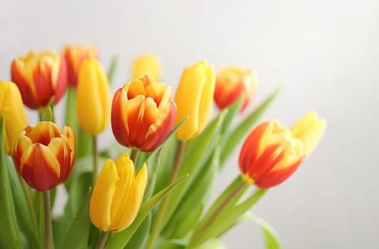 A vibrant bouquet features red and yellow tulips arranged with lush green leaves. The flowers radiate beauty, capturing the essence of springtime freshness. Great centerpiece for any occasion.