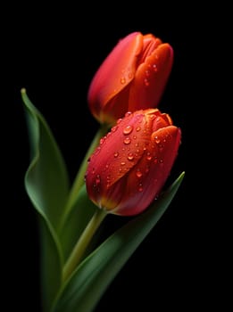 Two vibrant red tulips stand gracefully against a dark background, adorned with water droplets that enhance their beauty. The lush green leaves complement the blossoms, creating a striking contrast.
