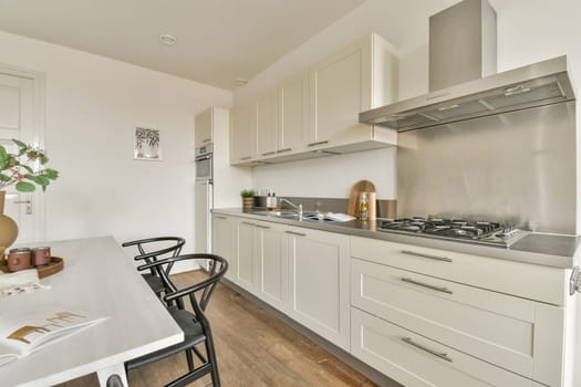 A sleek, modern kitchen featuring minimalist cabinetry, stainless steel appliances, and a wooden floor. Bright and airy design perfect for contemporary living.