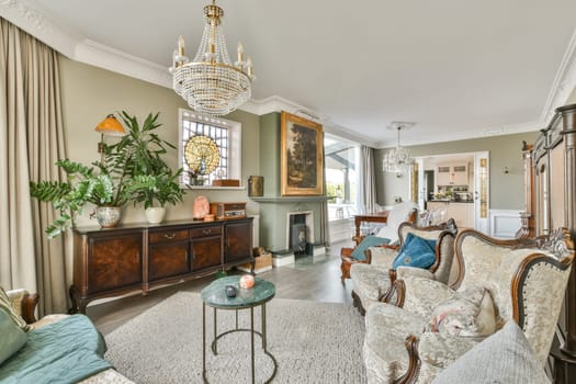A beautifully designed vintage living room showcasing classic furniture, decorative plants, and a luxurious chandelier, creating a warm and inviting atmosphere.