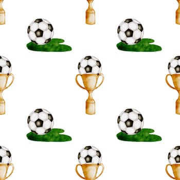 Football watercolor pattern. Seamless pattern of soccer balls, cup and grasson a white background. Ideal for children's and sports textiles, equipment, packaging