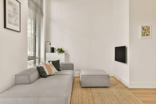 A sleek, modern living room featuring a contemporary gray sofa, minimalist decor, and ample natural light, creating an inviting and stylish atmosphere.