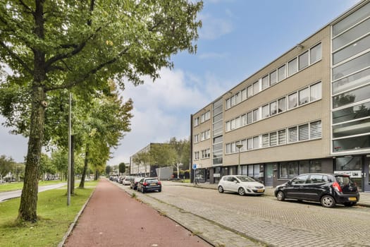 A vibrant urban landscape featuring a tree-lined street, parked cars, and modern buildings, showcasing a blend of nature and city life.