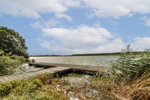 A serene lakeside view featuring a wooden dock extending into calm waters, surrounded by lush greenery and a clear sky. Ideal for nature lovers and photographers.