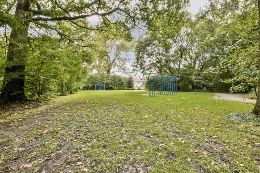 A serene park filled with green grass and trees, featuring blue playground equipment in the background, perfect for outdoor activities and relaxation.