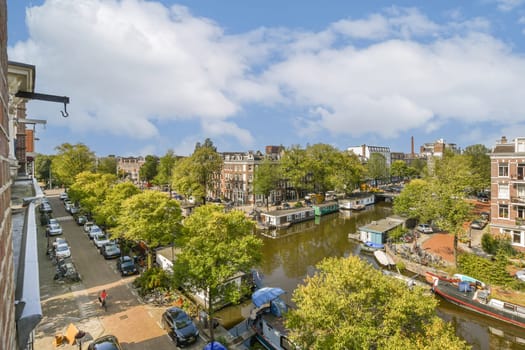 A picturesque scene showcasing the beautiful canals of Amsterdam lined with lush trees and charming buildings under a bright sky.