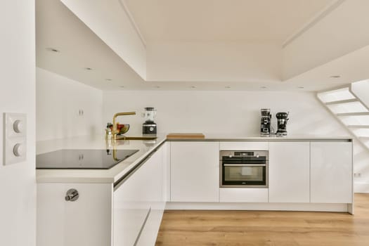 A sleek, white modern kitchen showcasing minimalist cabinetry and appliances, emphasizing clean lines and functional layout in a well-lit space.