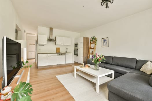 A stylish modern living room with a connected kitchen featuring minimalist design, light colors, and contemporary furniture for a cozy atmosphere.