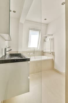 A stylish and contemporary bathroom featuring a sleek bathtub, well-lit space, and modern design elements that create a serene atmosphere.