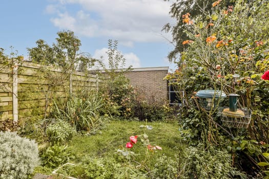 A vibrant garden filled with diverse plants and flowers, showcasing lively greenery and a serene outdoor atmosphere.