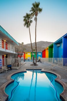 Palm Springs, United States - April 05, 2025 - the delos reyes motel during sunset