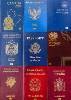 Passports of citizens of different countries of the world, background consisting of passports of several countries.
