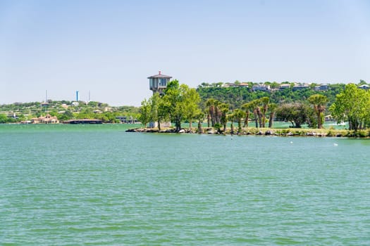 Historic inland lighthouse stands in Horseshoe Bay on LBJ Lake near Marble Falls in East Texas