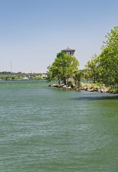 Historic inland lighthouse stands in Horseshoe Bay on LBJ Lake near Marble Falls in East Texas
