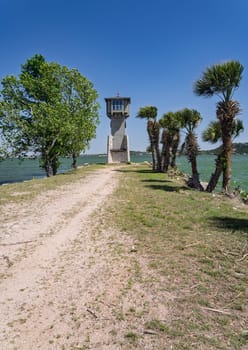 Historic inland lighthouse stands in Horseshoe Bay on LBJ Lake near Marble Falls in East Texas