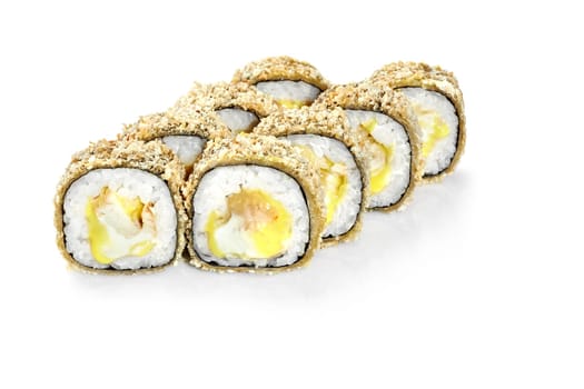Delicious tempura hot sushi rolls with cream cheese and salmon filling are presented on a clean white background