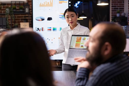 Asian financial advisor standing in front of digital screen, presents marketing trends and financial data to busy startup team. Productivity and teamwork during late night meeting in brick wall office