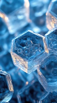 The abstract background features a detailed arrangement of hexagonal patterns and crystal ice textures.
