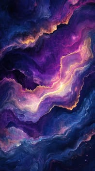 Swirling lines and waves in deep purple and blue tones evoke a sense of cosmic energy. A starry glow enhances the futuristic and elegant aesthetic, inviting an immersive visual experience.