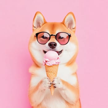 A Shiba Inu stands confidently, wearing trendy sunglasses and holding an ice cream cone. The dog has a relaxed expression, exuding a cool vibe while facing the camera.