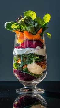 Layers of beet, lentils, and baby spinach create a vibrant deconstructed salad displayed in a glass. Topped with yogurt foam and leafy greens, this dish showcases artistic verticality.