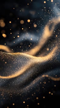 This abstract background features graceful lines intertwined with scattered golden dust particles on a dark canvas.