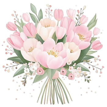 A stunning bouquet is arranged with pink tulips and white flowers, surrounded by delicate greenery and small blossoms. This lovely floral arrangement is perfect for celebrations or gifts.