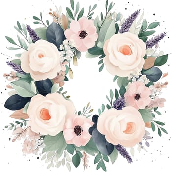 A circular arrangement of soft pastel-colored roses and assorted greenery creates an elegant floral wreath.