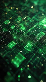 Dark green and black shades form an intricate abstract background with structured lines, evoking a cybernetic aesthetic. This design showcases futuristic inspiration with a high-tech appearance.