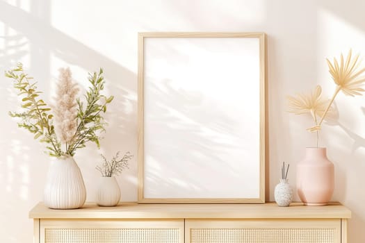 A blank white poster in a simple wooden frame rests on a light wood sideboard. The decor includes ceramic vases and a small sculpture, illuminated by soft lighting for a serene atmosphere.
