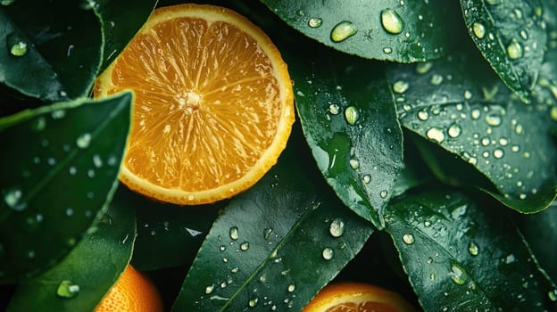 This macro shot highlights vibrant leafy greens and fresh citrus, featuring droplets on the leaves. The interplay of colors and textures captures the essence of seasonal freshness and detail.