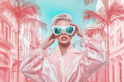 A glamorous blonde adjusts her white-framed sunglasses with elegance, set against a backdrop of vintage travel posters and palm-lined streets, evoking a timeless, chic atmosphere.