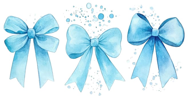 A collection of three blue bows with flowing tails, illustrated in a soft watercolor style. Ideal for various decorative purposes, these bows add an elegant touch to gifts and events.
