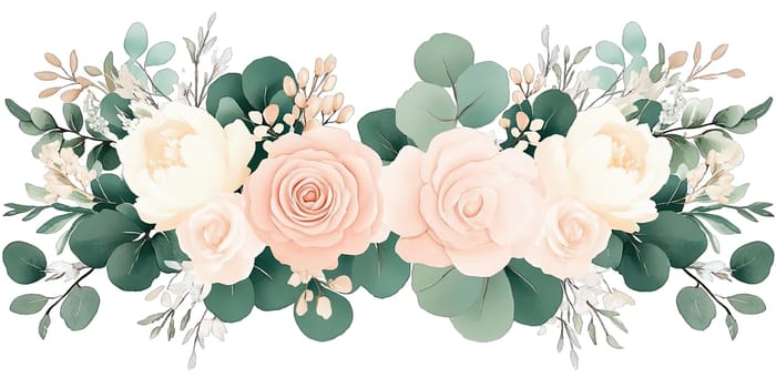 Elegant floral design displays soft pink and cream roses surrounded by lush greenery and delicate accents. Perfect for decorating events or enhancing home decor with a fresh aesthetic.