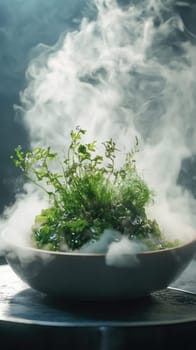 A futuristic bowl holds a vibrant mix of next-gen greens and seaweed, surrounded by delicate mist and molecular garnishes. Soft lighting enhances the innovative and experimental culinary presentation.