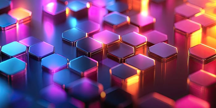 This abstract background showcases a hexagonal pattern illuminated by vibrant holographic colors. The modern design exudes high-tech elegance with iridescent reflections creating a sci-fi aesthetic.
