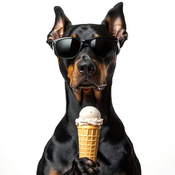 A Doberman poses front view, wearing dark sunglasses while holding an ice cream cone. The dog showcases a serious yet elegant posture with a minimalist aesthetic on a white background.